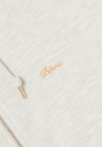 Hellgrau sweatshirt mit Reißverschluss, Außenzugband mit einer goldenen Metallspitze und dezentem goldenen Stickerei des Markennamens.