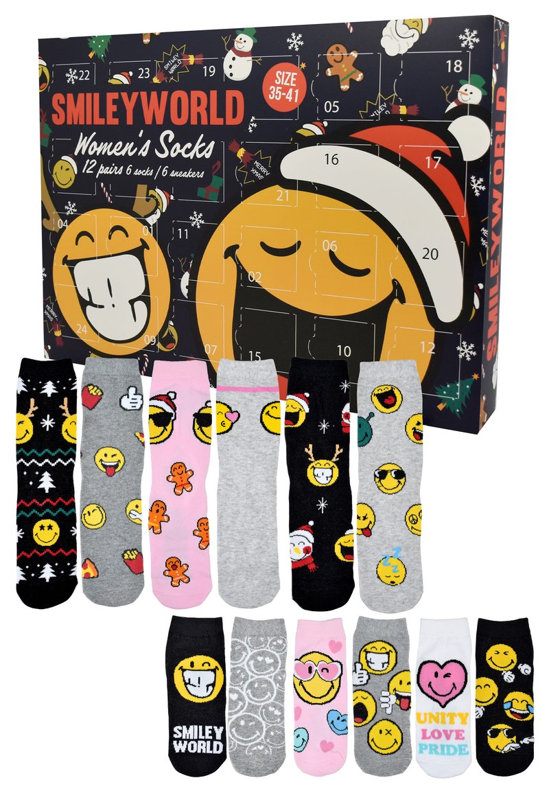 Set di calze da donna SmileyWorld con 12 paia, caratterizzato da vari colori, design di emoji e modelli. Materiale: morbido misto cotone. Taglia 35-41.