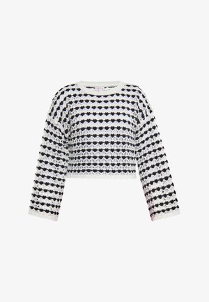 Afkortet sweater lavet af tekstureret hæklet stof med et sort-hvidt stribet mønster, med lange ærmer og rund halsudskæring.