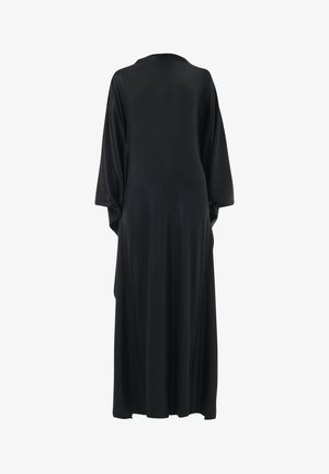 Prenda negra de manga larga con una silueta fluida. Confeccionada con una tela suave, presenta un brillo sutil y mangas anchas y relajadas.