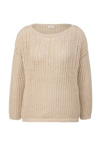 Beige pletený svetr s volným střihem, širokým výstřihem, dlouhými rukávy a texturovaným otevřeným pletením. Obsahuje rovný lem a žebrované manžety.