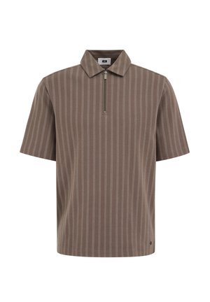 Brązowa koszulka polo z krótkim rękawem, ozdobiona pionowymi białymi paskami i zapinana z przodu na zamek.