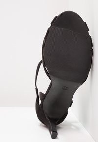 Sandale noire à talon vue de dessous, montrant une semelle en caoutchouc texturée et un marquage de taille 37, placée contre un mur et un sol blancs.