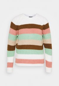 Maglione lavorato a maglia con scollo rotondo, caratterizzato da strisce orizzontali in bianco, marrone, rosa, verde e beige. Tessuto a coste con texture su tutta la superficie.