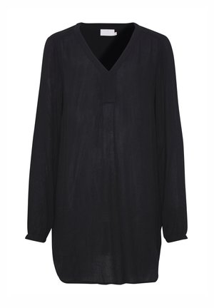 Zwarte blouse met een V-hals, lange mouwen en een rechte snit. Gemaakt van lichtgewicht, gestructureerde stof. Heeft een minimalistisch ontwerp.