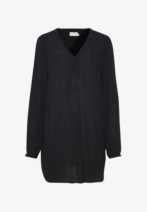 Bluză neagră cu decolteu în V, mâneci lungi și croială dreaptă. Realizată dintr-un material ușor, texturat. Prezintă un design minimalist.