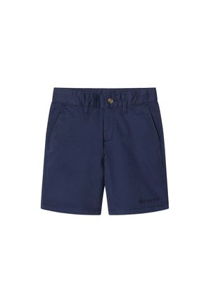 Shorts bleu marine en coton, dotés de poches avant, d'une fermeture à bouton et d'un détail de logo sur le côté. Coupez standard et design uni.