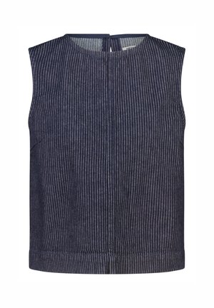 Donkerblauw mouwloos shirt met dunne verticale witte strepen en een ronde halslijn.