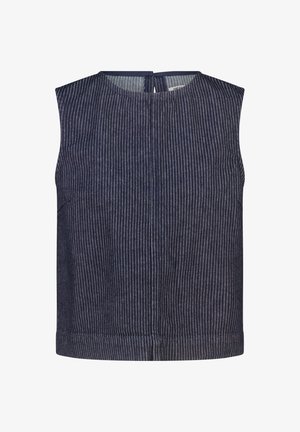 Donkerblauw mouwloos shirt met dunne verticale witte strepen en een ronde halslijn.