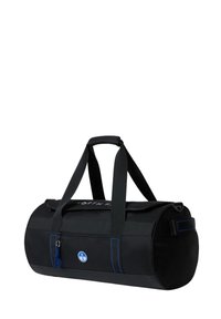 Borsa a duffel nera con cuciture blu, base circolare, manici superiori e un comparto con zip. Presenta una patch con il logo su un lato. Materiale resistente.