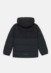 Black puffer jacket with a hood, featuring horizontal quilted sections and elasticized cuffs. A reflective strip is located near the hem.