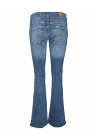 Udfoldede blå denim jeans med mellem-høj talje, fem lommer, en læderlap bagpå og mærkbar falming på lårene.