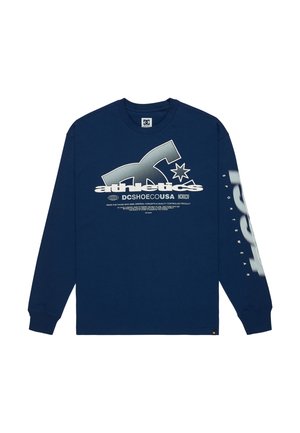 Marinblå långärmad t-shirt i bomullsblandning, med vita grafiker och text, rundad hals och ribbade ärmslut. Enkelt design, inga mönster eller utsmyckningar.