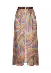 Wielokolorowa maxi spódnica z falistym wzorem w pastelowych odcieniach. Posiada elastyczny pas i rozcięcie z przodu dla łatwości ruchów. Lekki materiał.
