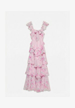 Różowa, kwiatowa sukienka z falbankami na warstwach, z dekoltem z kokardą i falbanianymi ramiączkami, lekki i zwiewny materiał.