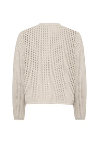 Pull en tricot beige clair avec un design à trame lâche et aéré, manches longues et col rond. Doté de poignets et d'un ourlet côtelés.