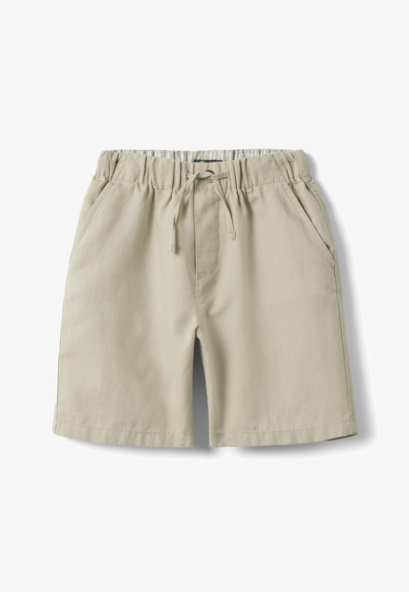 Shorts en coton beige avec taille élastique, cordon de serrage et poches latérales, posés à plat sur un fond blanc.