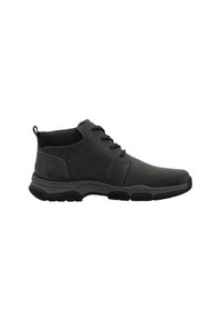 Black leather ankle boots with laces, featuring a textured surface, padded collar, and a thick rubber outsole for support and grip.