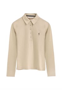 Polo de manga larga en algodón beige con cuello de solapa, tapeta de cinco botones y pequeño emblema oscuro de un golfista en el pecho izquierdo.