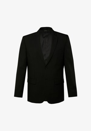 Zwarte op maat gemaakte colbert met een enkele knoopsluiting, met steekrevers en twee voorzakken. Gladde stof met een satijnen interieur.