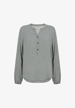 Hosszú ujjú blúz könnyű anyagból, fekete, fehér és türkiz geometrikus mintával, V-nyakkivágással és három gombbal elöl.