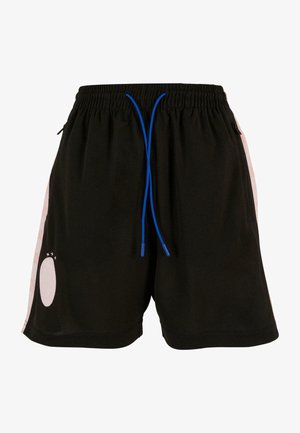 Sorte shorts med elastisk talje, blå snor og lyserøde accenter langs siderne. Har et hvidt ovalt logo på forsiden.