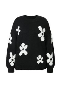 Zwarte gebreide trui met witte bloemenpatronen; ronde hals, lange mouwen en een gezellige, getextureerde stof.