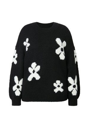 Suéter negro de punto con patrones de flores blancas; escote redondo, mangas largas y una tela acogedora y texturizada.