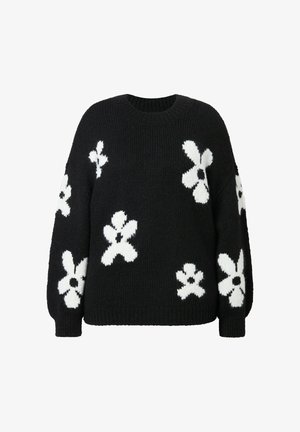 Suéter negro de punto con patrones de flores blancas; escote redondo, mangas largas y una tela acogedora y texturizada.