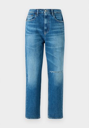 Jean en denim bleu clair avec une coupe décontractée, une finition délavée et une déchirure éraflée au niveau du genou. Comprend cinq poches et une fermeture à bouton.