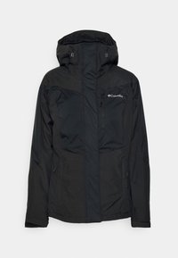 Svart isolerad jacka med hög krage, justerbar snörhood, framdragkedja och fickor med dragkedja. Har texturerad tyg och logotyp.