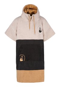 Poncho con cappuccio realizzato in morbido tessuto di spugna, con sezioni beige, nere e marroni, dotato di una tasca frontale e dettagli con logo.
