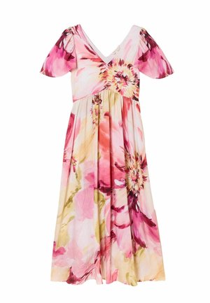 Florales Maxikleid mit V-Ausschnitt, kurzen Puffärmeln und fließender Silhouette. Es zeigt pinke, weiße und grüne Blumenmuster auf leichtem Stoff.
