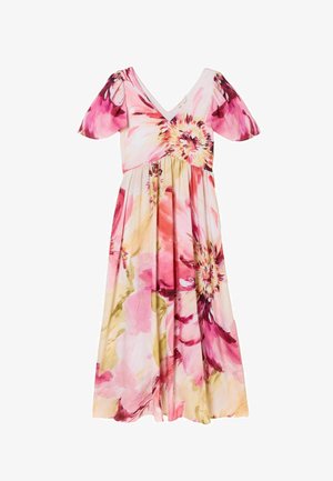 Floral maxi dress with v-neckline, short puff sleeves, and a flowing shape. Features pink, white, and green floral patterns on lightweight fabric.