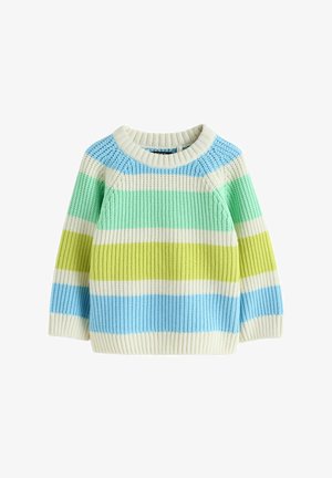 Gestrickter Pullover mit horizontalen Streifen in Blau, Grün und Creme, mit einem gerippten Halsausschnitt und strukturiertem Stoff. Lange Ärmel inklusive.