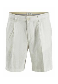 Shorts en coton beige clair avec une surface texturée, présentant une fermeture à bouton à l'avant, deux plis et des poches latérales. Coupe classique.