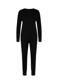 Zwart lounge-outfit bestaande uit een lang mouwtop met een ronde hals en bijpassende broek. De mouwen en broekspijpen hebben textuurelementen.