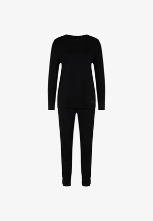 Schwarzes Loungewear-Set bestehend aus einem Langarmoberteil mit Rundhalsausschnitt und passender Hose. Die Ärmel und der Saum der Hose haben strukturierte Akzente.