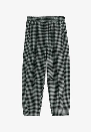 Black and gray checkered elastic waist pants with side pockets and a relaxed, straight-leg fit.