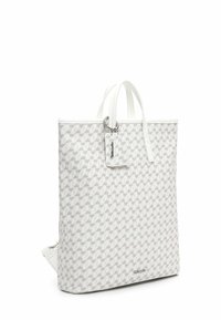 Borsa tote bianca con motivo geometrico, realizzata in tessuto strutturato. Presenta due manici corti e un piccolo tag attaccato con il logo.