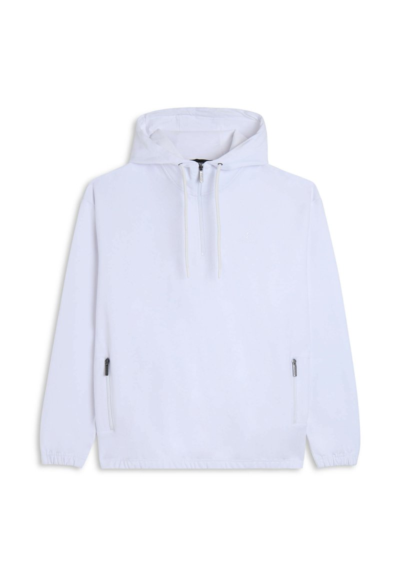 Felpa bianca con cappuccio, mezza cerniera frontale, tasche laterali con zip e polsini elasticizzati. Texture liscia con un design minimalista.