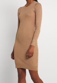 Abito in maglia a maniche lunghe a coste di colore marrone chiaro, con scollatura rotonda, vestibilità aderente e orlo appena sopra il ginocchio.
