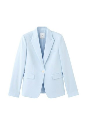 Lichtblauw colbert met één knoop, inkeping revers, klepzakken en een slanke, op maat gemaakte pasvorm, getoond tegen een witte achtergrond.