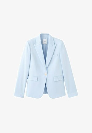 Lichtblauw colbert met één knoop, inkeping revers, klepzakken en een slanke, op maat gemaakte pasvorm, getoond tegen een witte achtergrond.