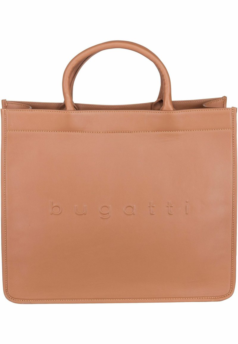 Bolso tote de cuero marrón con doble asa superior, con el logotipo "bugatti" en relieve, forma rectangular, textura suave y diseño minimalista.