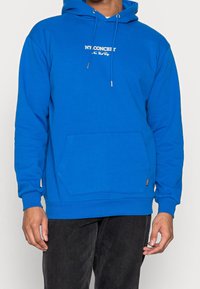 Felpa blu in tessuto di cotone con tasca frontale, cappuccio con coulisse e testo ricamato sul petto. Maniche lunghe con polsini a costine.