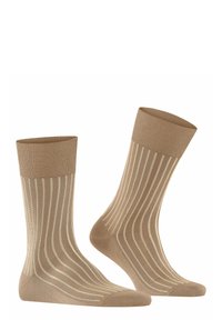 Beige sokker med vertikale cremefarvede striber. Ribbede manchetter og glat tekstur. Ankelhøjde med forstærket tå for holdbarhed.