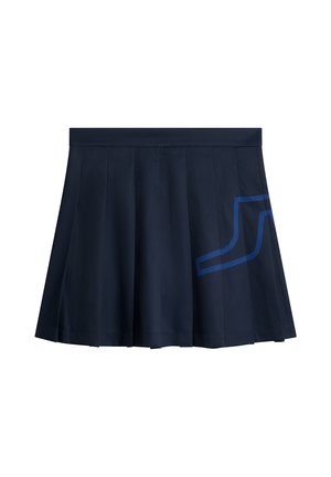 Navy pleated skirt with a smooth texture and a blue geometric design on the side. Features an elastic waistband for comfort.