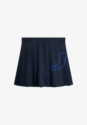 Gonna pieghettata blu navy con una consistenza liscia e un motivo geometrico blu sul lato. Presenta un elastico in vita per il massimo comfort.