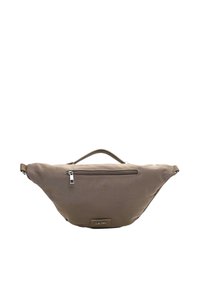 Borsa a tracolla in nylon marrone con una forma curva, tasca frontale con zip e patch brandizzato. Presenta spallacci regolabili e una superficie liscia.